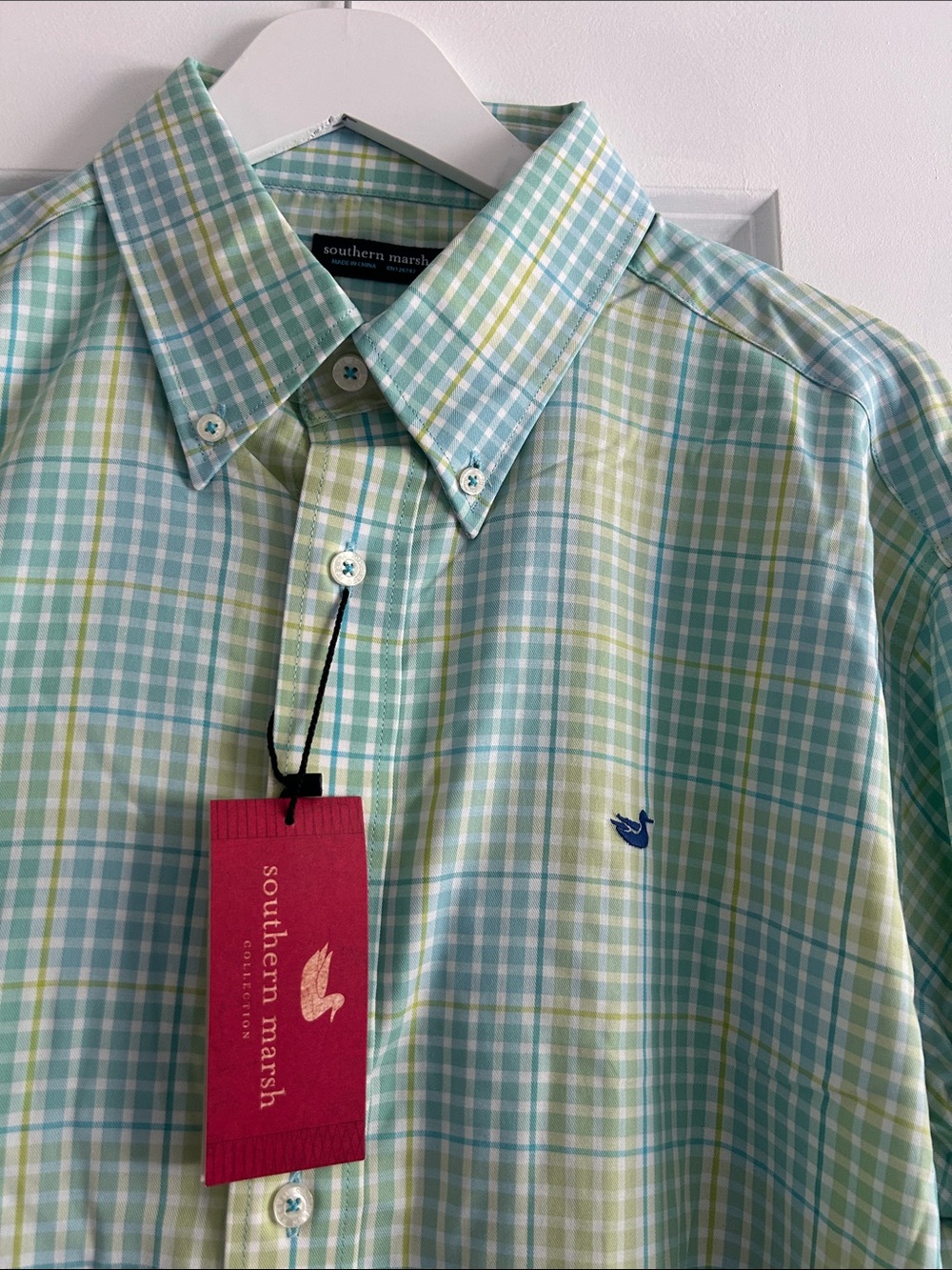 Southern Marsh Men’s Plaid Button-Down Shirt in Teal, Light Blue & Yellow